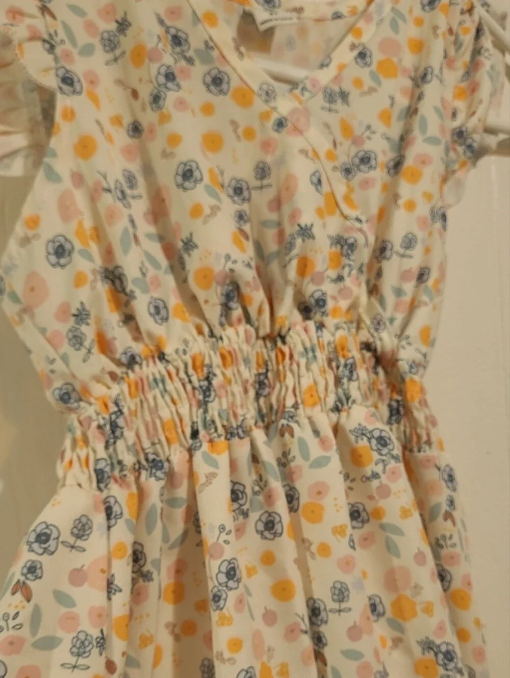 SHEIN Youth 8 Girls White Floral Smocked Casual Dress with Yellow & Blue Prints
